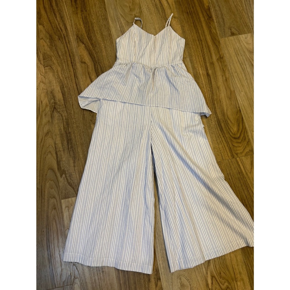 English Factory Blue White Pinstripe Peplum Wide Leg Jumpsuit Womens Small